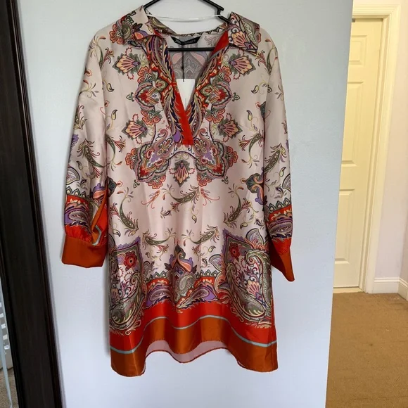 Zara Orange Long Sleeve Sundress with Notched Collar - Picture 2 of 6